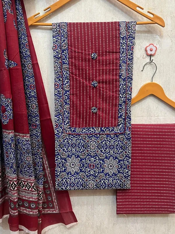 Pure_Cotton_Deep_Red_&_Indigo_Blue__AJRAK_Neck_work_dress_material_for_women