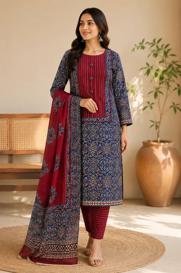 Pure_Cotton_Deep_Red_&_Indigo_Blue__AJRAK_Neck_work_dress_material_for_women