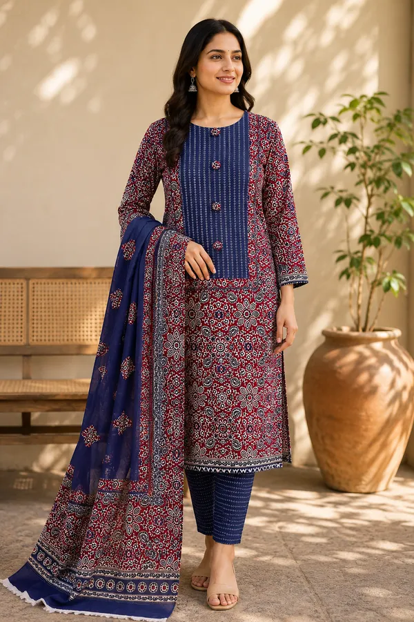 Pure_Cotton_Indigo_Blue_and_Deep_Red_AJRAK_Neck_work_Dress_Material_For_Women