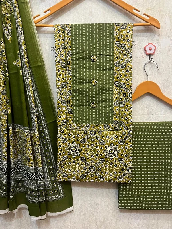 Pure_Cotton_Olive_Green_AJRAK_Neck_Work_Dress_Material_For_Women