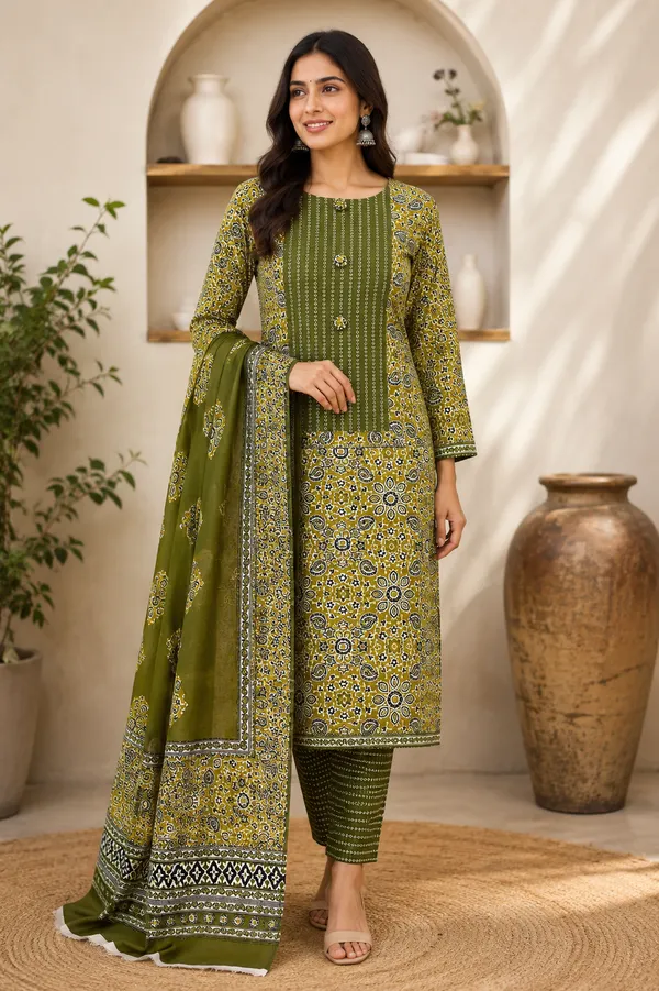 Pure_Cotton_Olive_Green_AJRAK_Neck_Work_Dress_Material_For_Women