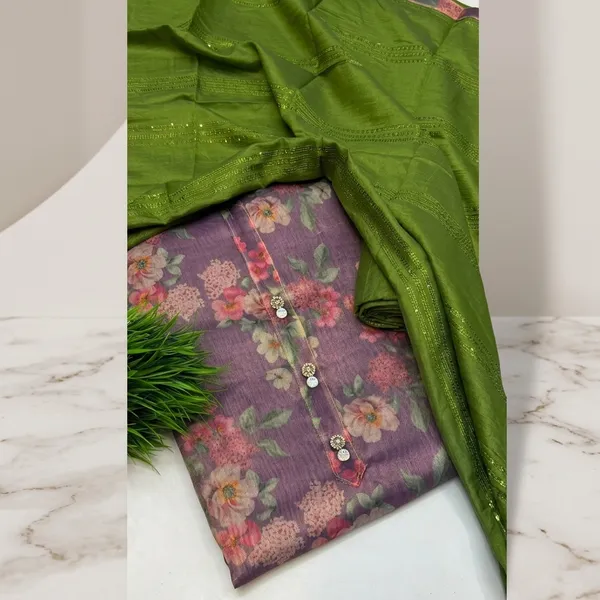 Purple_Floral_Print_Jacquard_Silk_Dress_Material_With_Green_Dupatta_For_Women
