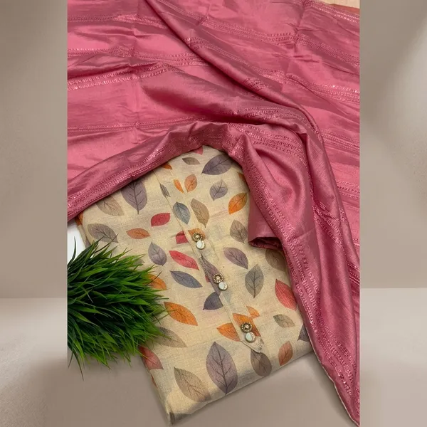 Beige_Leaf_Print_Unstitched_Suit_Set_With_Pink_Dupatta_For_Women