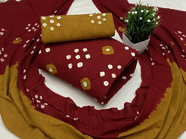Maroon_and_Mustard_Cotton_Bandhani_Unstitched_Suit_Set_For_Women