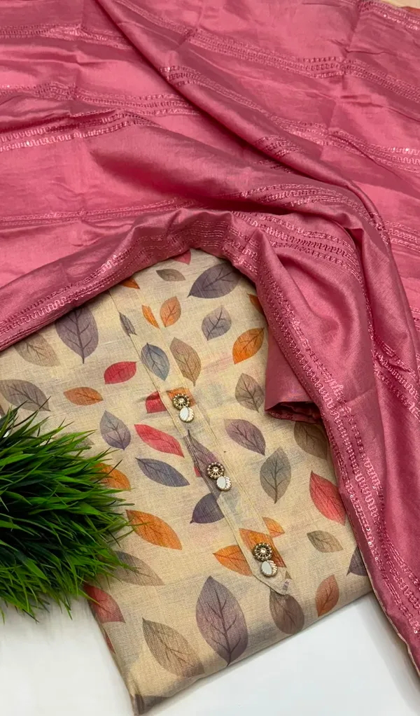 Beige_Leaf_Print_Unstitched_Suit_Set_With_Pink_Dupatta_For_Women