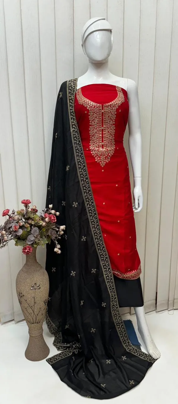 Red_&_Black_Embroidered_Straight_Suit_Set_With_Black_Dupatta_For_Women