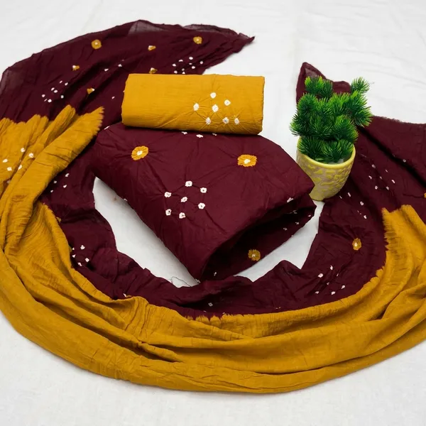Maroon_Mustard_Bandhani_Cotton_Dress_Material_For_Women