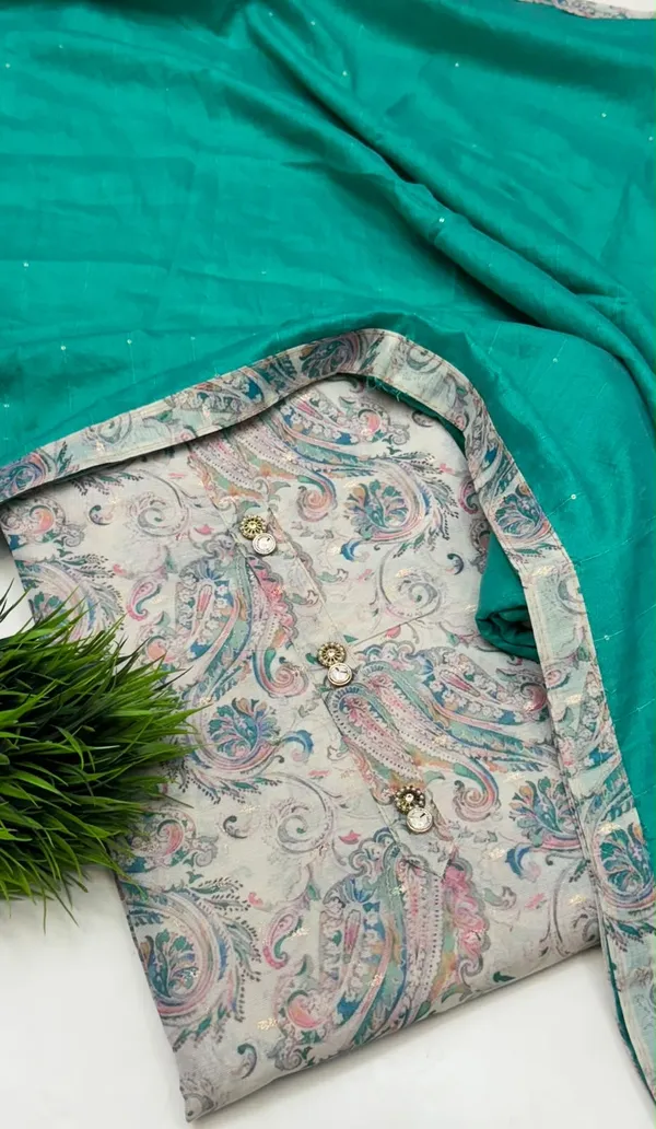 Denim_Blue_and_White_jacquard_Silk_Floral_Print_Unstitched_Suit_With_Red_Dupatta_For_Women