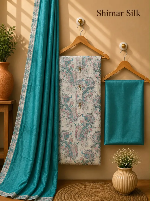 Denim_Blue_and_White_jacquard_Silk_Floral_Print_Unstitched_Suit_With_Red_Dupatta_For_Women