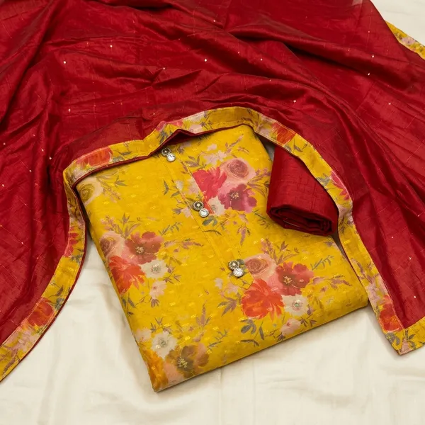 Mustard_Yellow_jacquard_Silk_Floral_Print_Unstitched_Suit_With_Red_Dupatta_For_Women