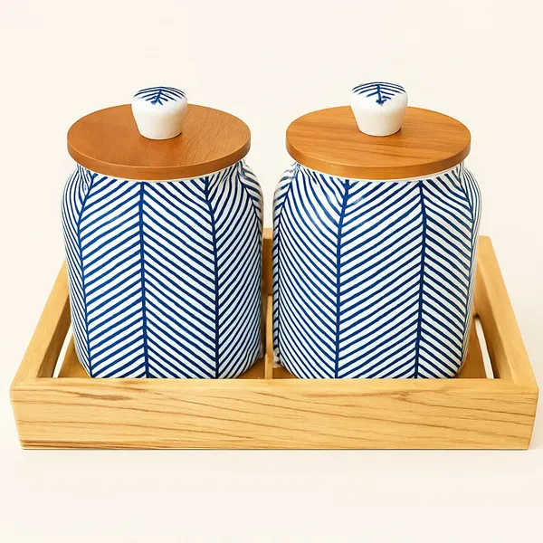 Zig_Zag_Blue_Pattern_Jars_With_Wooden_Tray_Set_Of_2