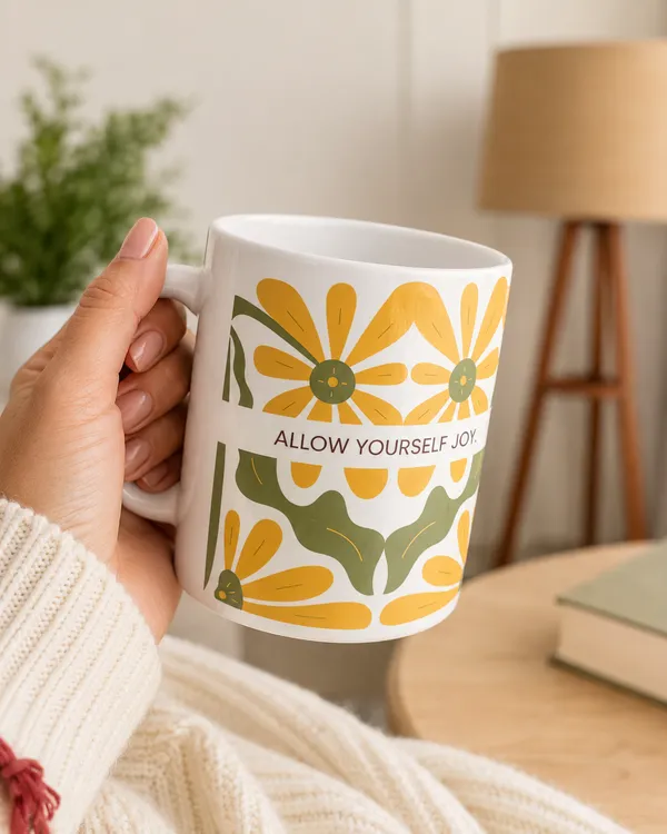 White_Ceramic_Mug_With_Yellow_Floral_Print_And_Inspirational_Quote