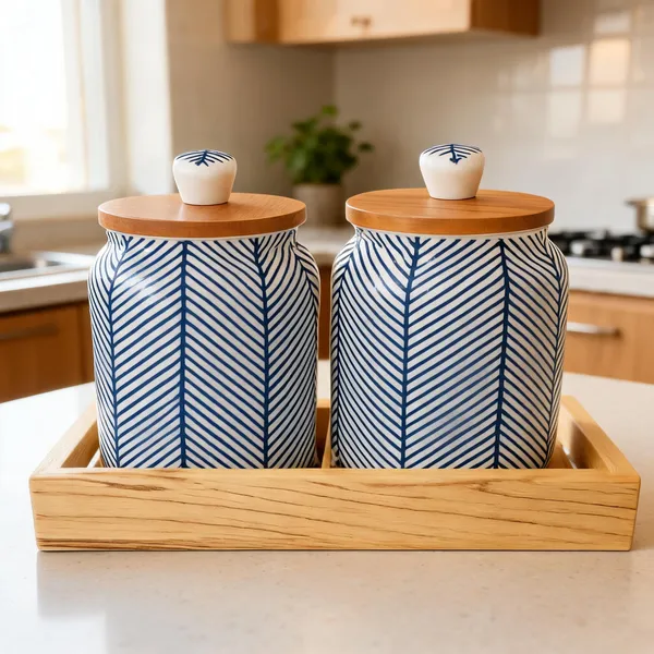 Zig_Zag_Blue_Pattern_Jars_With_Wooden_Tray_Set_Of_2