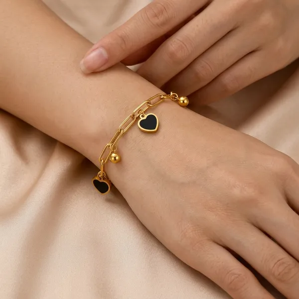 Gold_Black_Enamel_Heart_Charm_Paperclip_Chain_Bracelet_For_Women