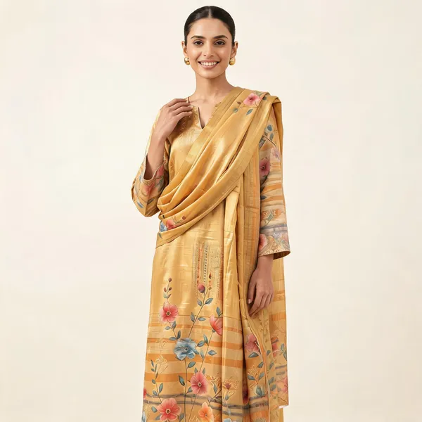 Mustard_Yellow_Shimmer_Silk_Straight_Floral_Print_Kurta_Palazzo_Dupatta_Set_For_Women
