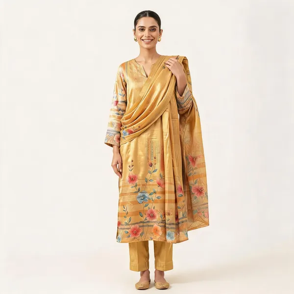 Mustard_Yellow_Shimmer_Silk_Straight_Floral_Print_Kurta_Palazzo_Dupatta_Set_For_Women
