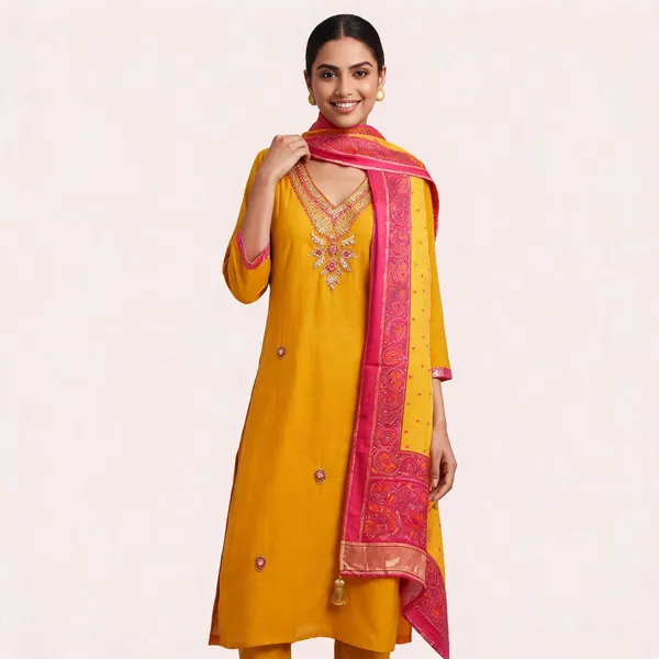 Mustard_Gaji_Silk_Straight_Embroidered_Kurta_Pant_Dupatta_Set_For_Women