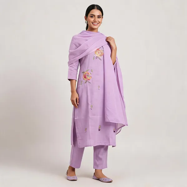 Lavender_Flex_Cotton_Straight_Floral_Embroidered_Kurta_Pant_Dupatta_Set_For_Women