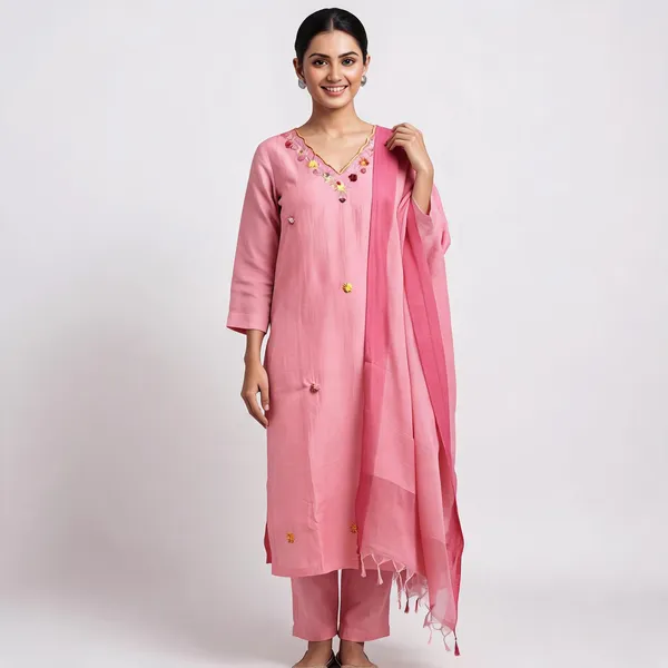 Pink_Linen_Cotton_Straight_Floral_Embroidered_Kurta_Pant_Dupatta_Set_For_Women