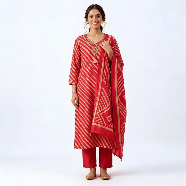 Red_And_Gold__Flex_Cotton_Straight_Striped_Embroidered_Kurta_Pant_Dupatta_Set_For_Women