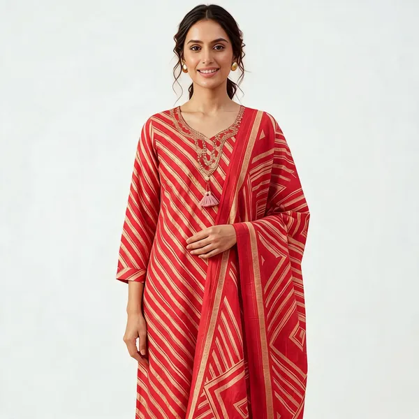 Red_And_Gold__Flex_Cotton_Straight_Striped_Embroidered_Kurta_Pant_Dupatta_Set_For_Women