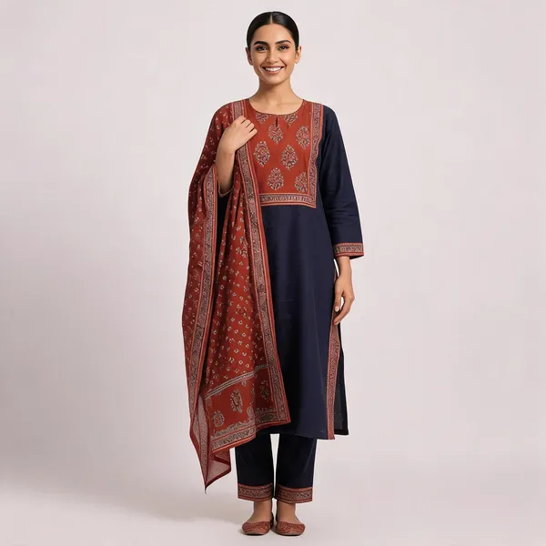 Navy_Blue_And_Rust_Jaipuri_Cotton_Straight_Printed_Kurta_Pant_Dupatta_Set_For_Women