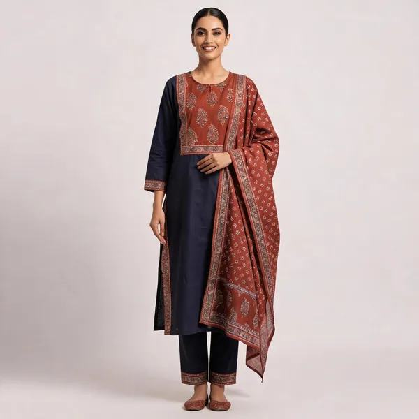 Navy_Blue_And_Rust_Jaipuri_Cotton_Straight_Printed_Kurta_Pant_Dupatta_Set_For_Women