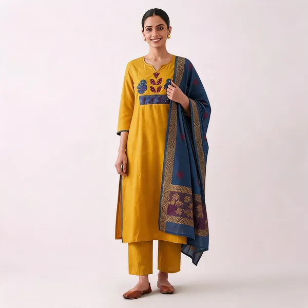 Yellow_Pure_Cotton_Straight_Embroidered_Kurta_Pant_Dupatta_Set_For_Women