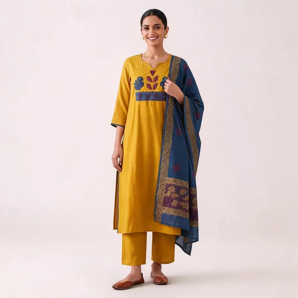 Yellow_Pure_Cotton_Straight_Embroidered_Kurta_Pant_Dupatta_Set_For_Women