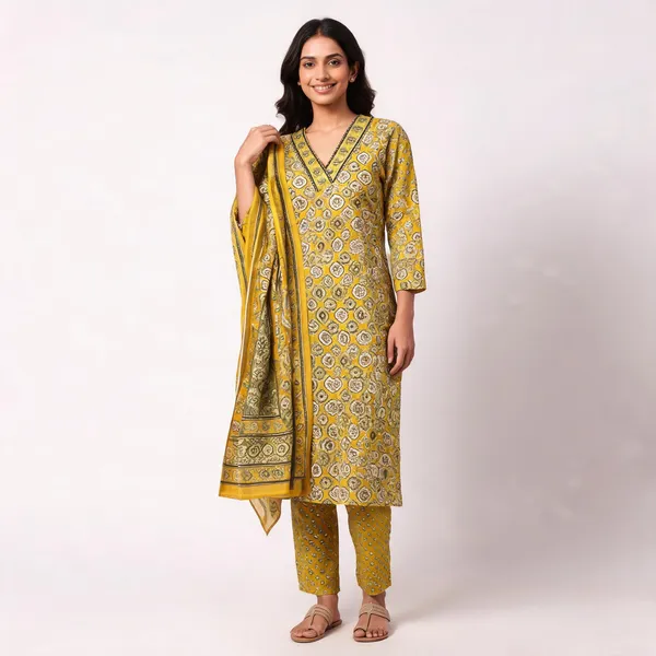 Yellow_Pure_Cotton_Straight_Printed_Embroidered_Kurta_Pant_Dupatta_Set_For_Women