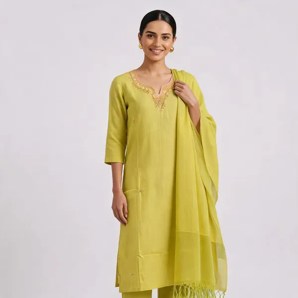 Lime_Green_Linen_Cotton_Straight_Embroidered_Kurta_Pant_Dupatta_Set_For_Women
