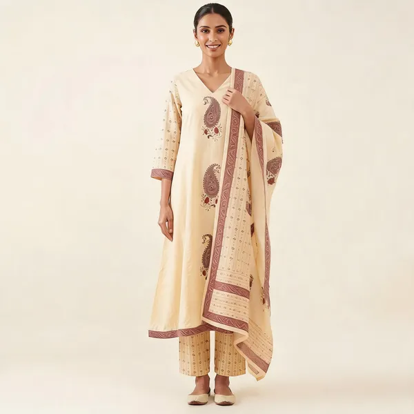 Cream_Mulmul_Cotton_Straight_Paisley_Print_Kurta_Palazzo_Dupatta_Set_For_Women
