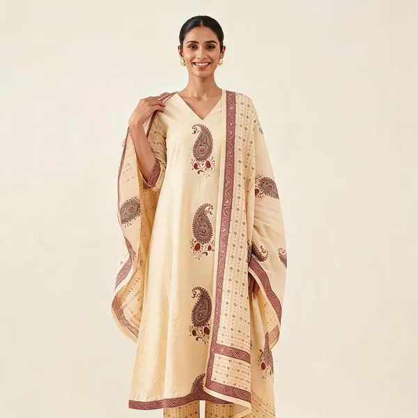 Cream_Mulmul_Cotton_Straight_Paisley_Print_Kurta_Palazzo_Dupatta_Set_For_Women