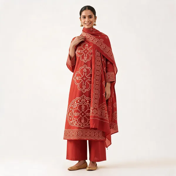 Rust_Pure_Cotton_Straight_Bandhani_Print_Kurta_Palazzo_Dupatta_Set_For_Women
