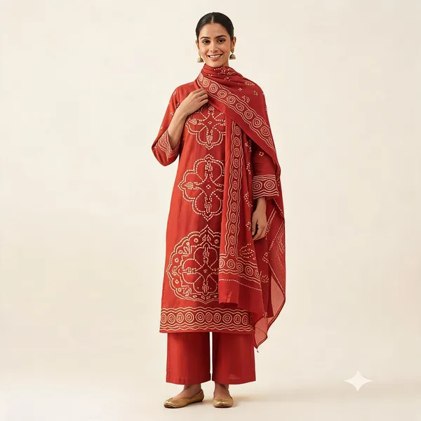 Rust_Pure_Cotton_Straight_Bandhani_Print_Kurta_Palazzo_Dupatta_Set_For_Women