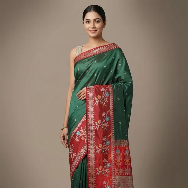 Green_And_Red_Premium_And_Fancy_Design_Semi_Katan_Silk_Saree_For_Women