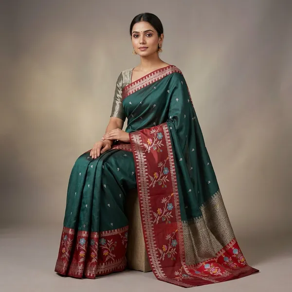Green_And_Red_Premium_And_Fancy_Design_Semi_Katan_Silk_Saree_For_Women