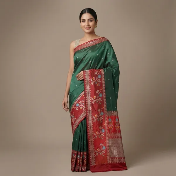 Green_And_Red_Premium_And_Fancy_Design_Semi_Katan_Silk_Saree_For_Women