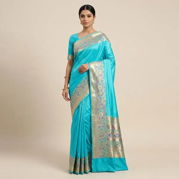 Turquoise_Blue_Silk_Saree_With_Floral_Zari_Border_For_Women