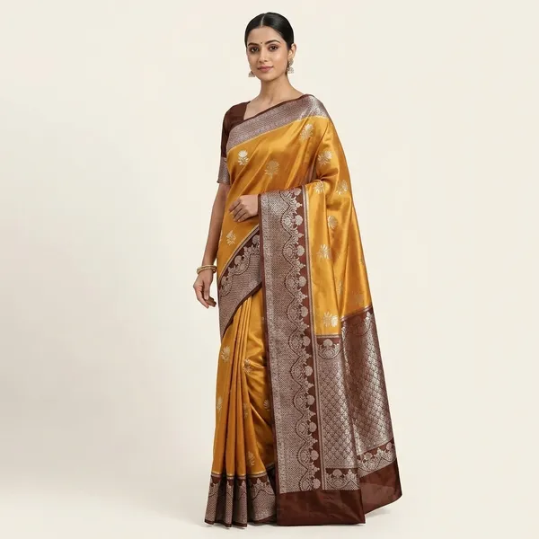 Mustard_Yellow_Silk_Saree_With_Brown_Zari_Border_For_Women
