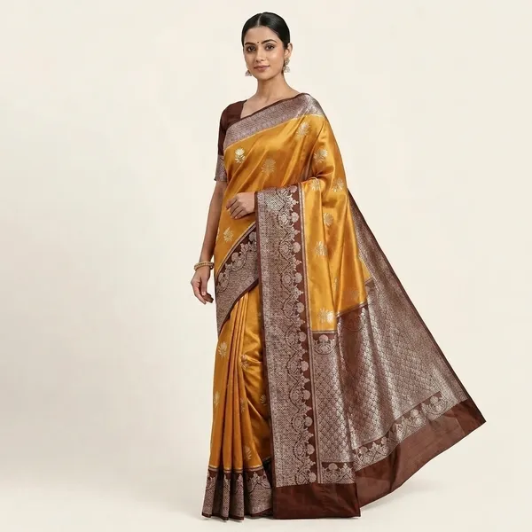Mustard_Yellow_Silk_Saree_With_Brown_Zari_Border_For_Women