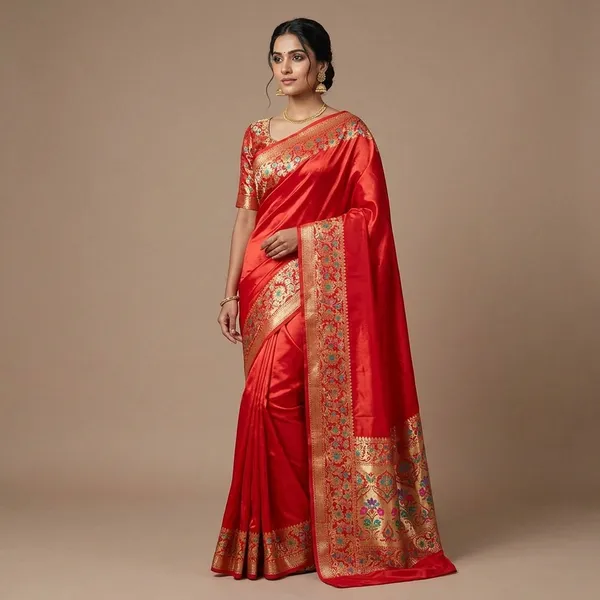 Red_Silk_Banarasi_Saree_With_Floral_Zari_Border_For_Women