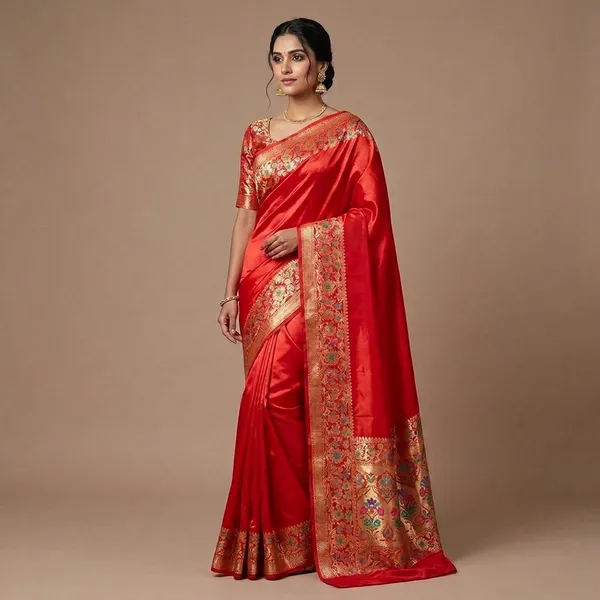 Red_Silk_Banarasi_Saree_With_Floral_Zari_Border_For_Women
