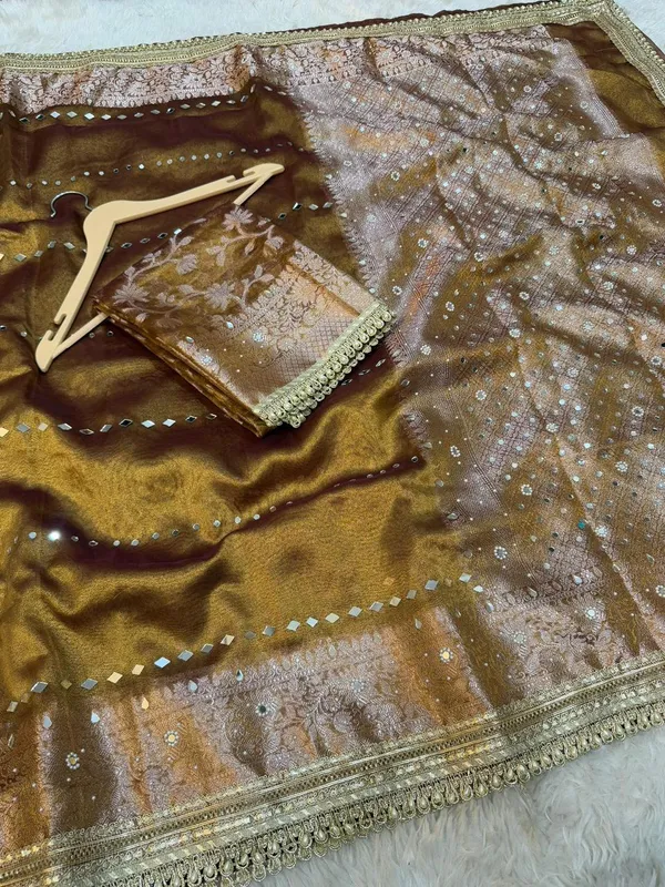 Mustard_Organza_Sequin_Work_Saree_With_Blouse_For_Women