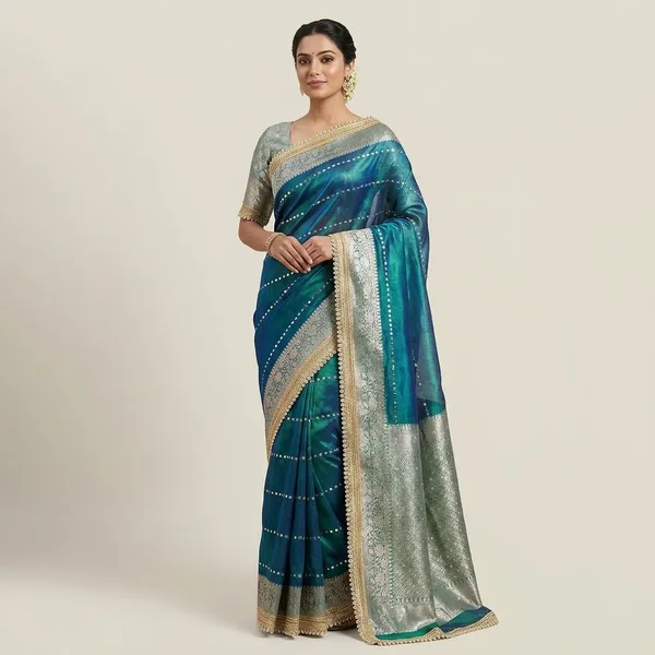 Teal_Organza_Sequin_Work_Saree_With_Golden_Lace_Border_For_Women