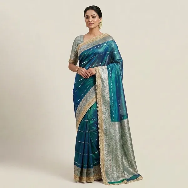 Teal_Organza_Sequin_Work_Saree_With_Golden_Lace_Border_For_Women