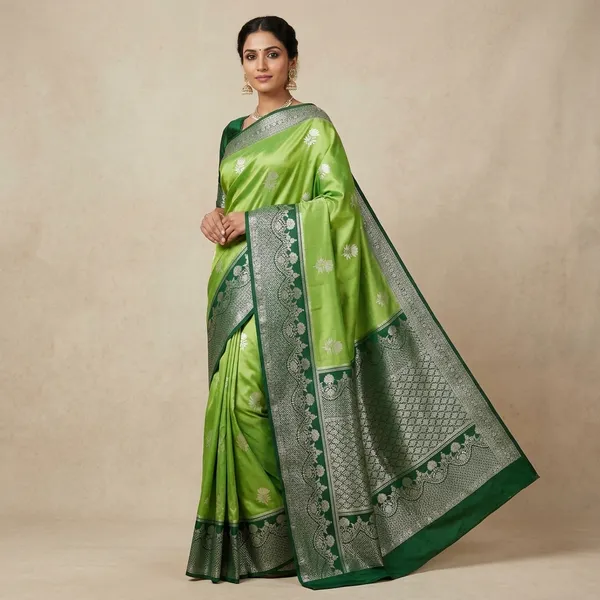 Green_Silk_Banarasi_Saree_With_Silver_Zari_Work_For_Women