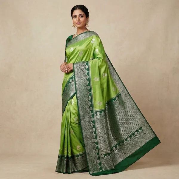 Green_Silk_Banarasi_Saree_With_Silver_Zari_Work_For_Women
