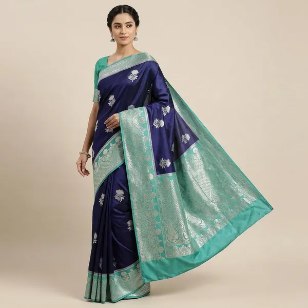 Navy_Blue_Silk_Floral_Zari_Saree_With_Green_Border_For_Women