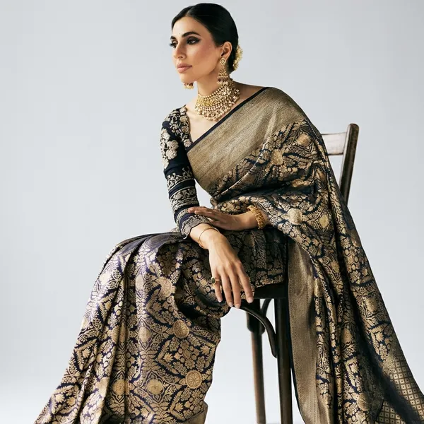 Black_Banarasi_Silk_Saree_With_Golden_Zari_Weaving_For_Women